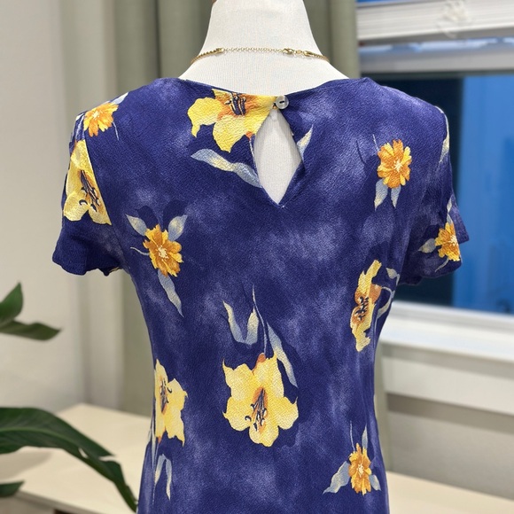 Vintage Expo Blue Floral Short Sleeve Maxi Dress Yellow Blossom Print - Picture 3 of 7